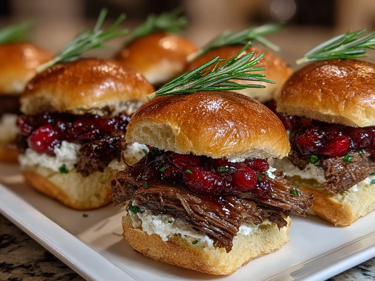 Close-up of finished Short Rib Sliders with Balsamic Cranberry Sauce