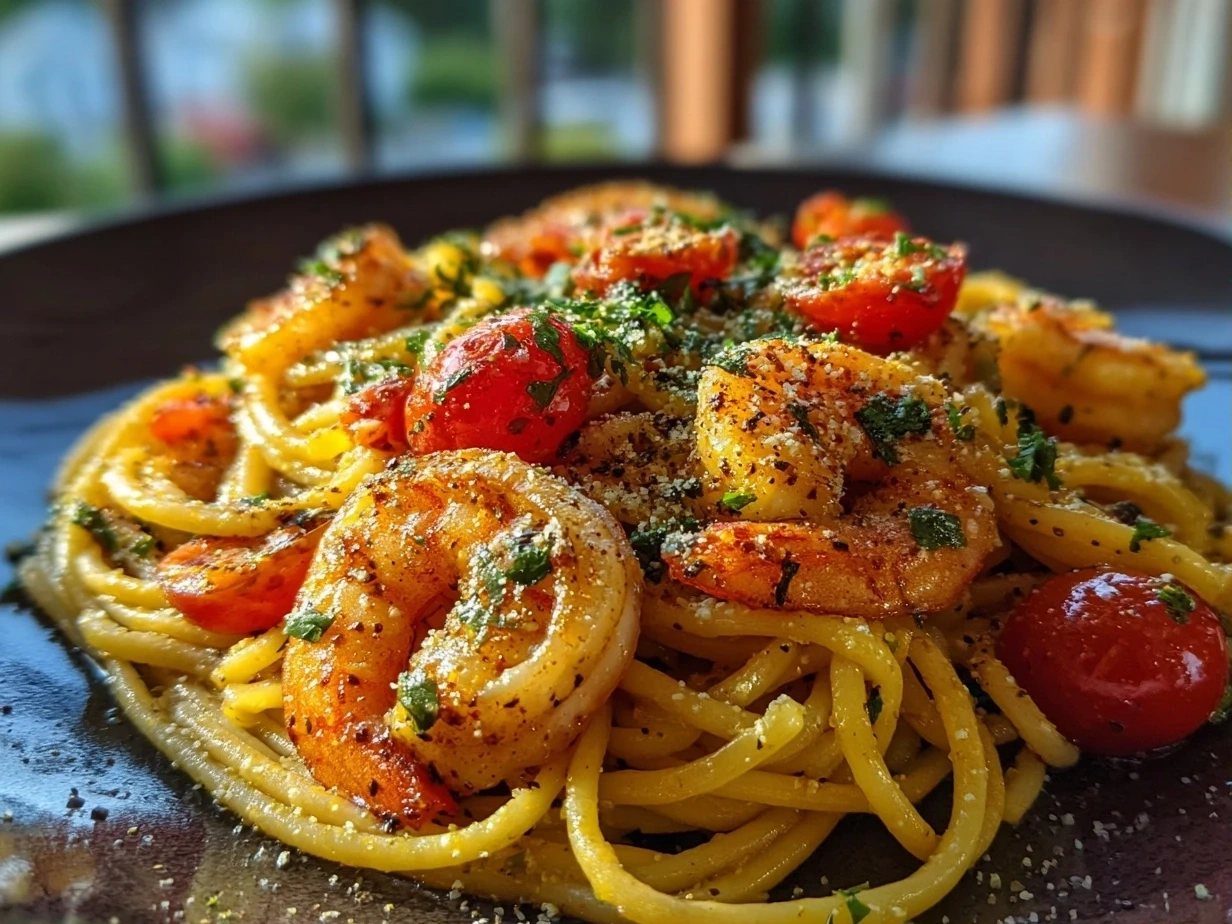 Close up of finished shrimp linguine with creamy sauce, spinach and Parmesan cheese
