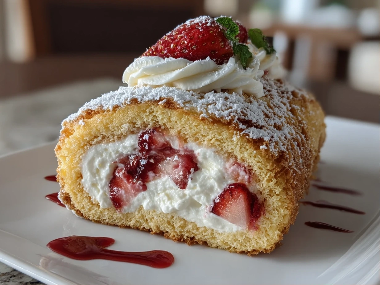 Close-up of a finished Strawberry Cream Cake Roll