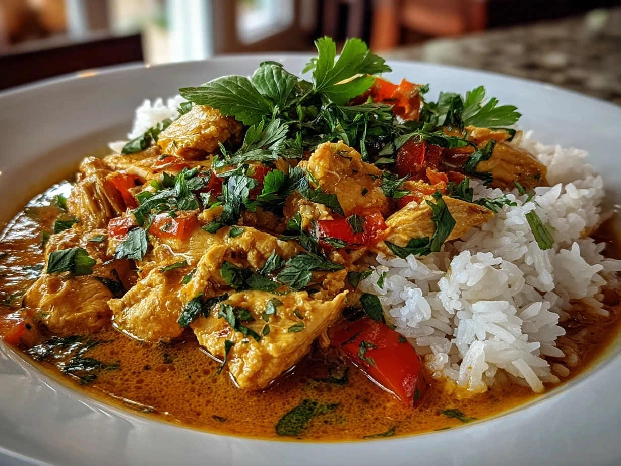 A delicious plate of finished Thai Red Curry Chicken, garnished with cilantro.