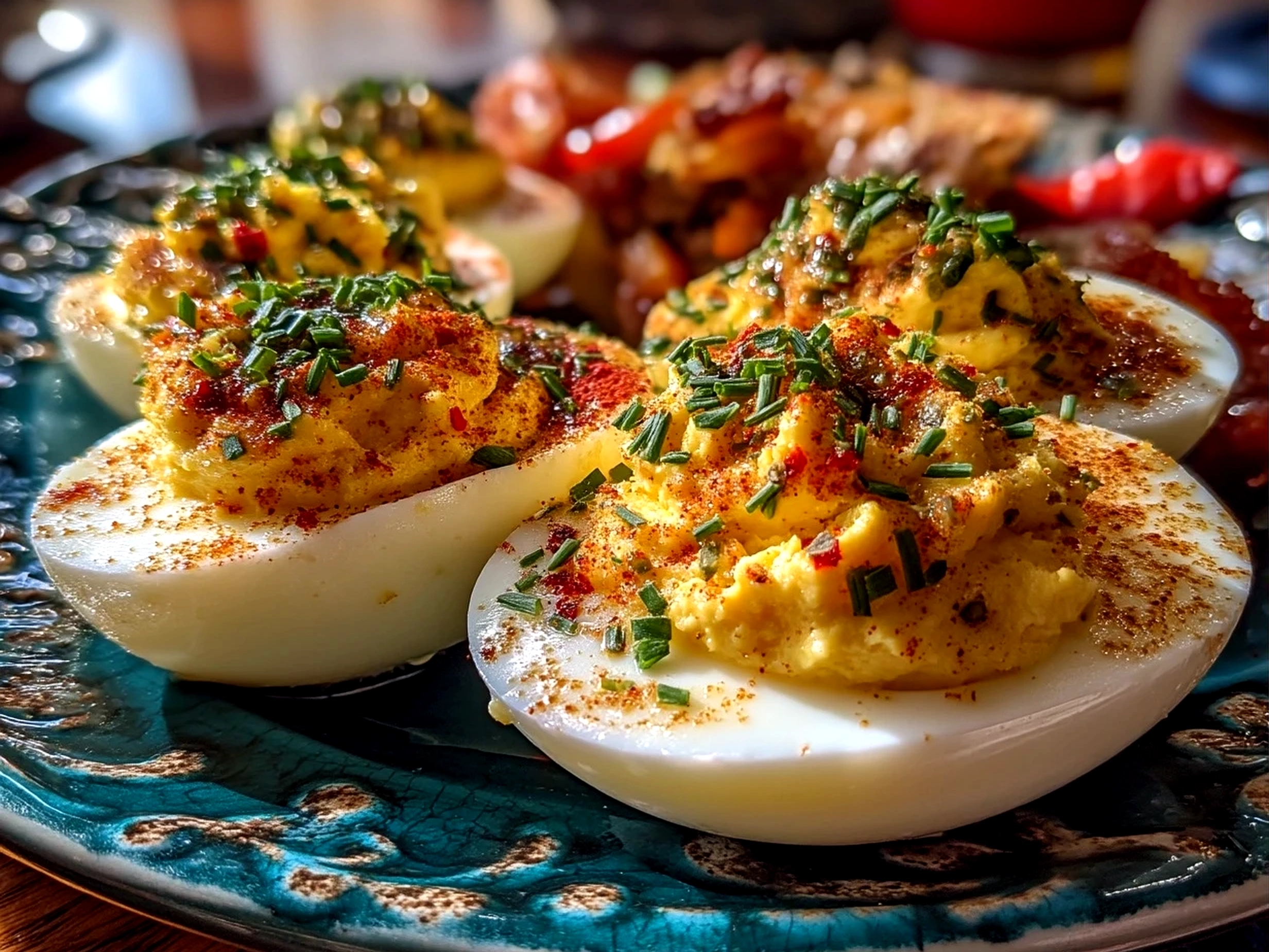 Close up image of finished Thanksgiving Deviled Eggs garnished with smoked paprika and herbs