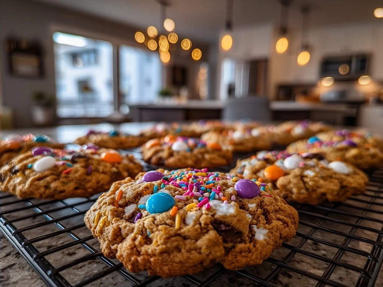 Fresh baked Flourless Monster Cookies stacked and ready to serve on a plate