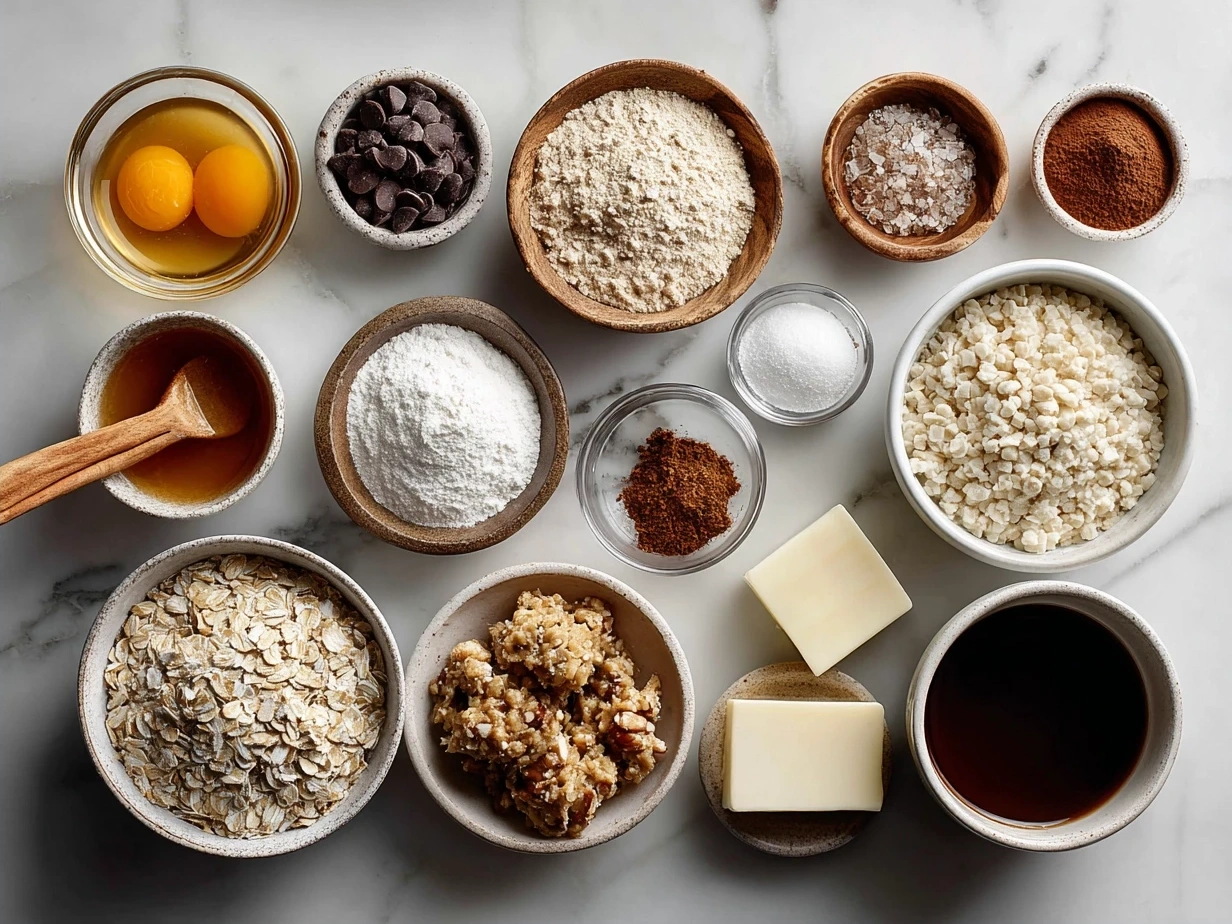 Ingredients for Flourless Monster Cookies laid out on a table including bananas, peanut butter, oats, chocolate chips, and nuts