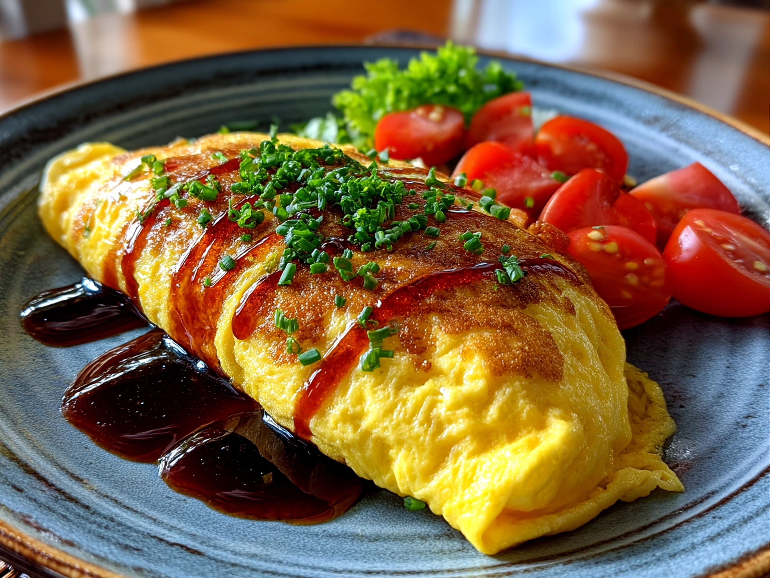 Close up of a finished delicious Omurice Japanese Rice Omelet, vibrant and fresh