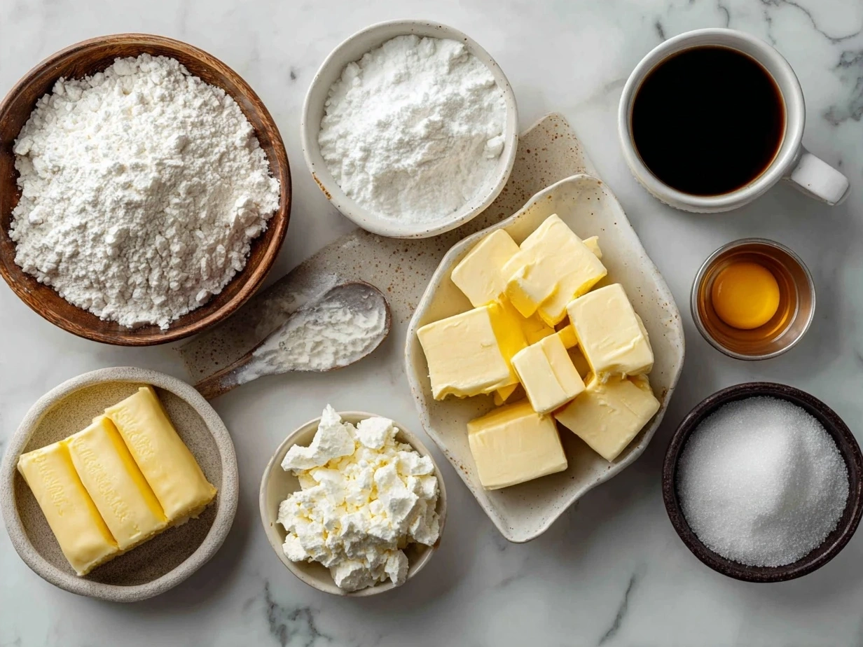 Ingredients for French Butter Cake including butter, sugar, eggs, vanilla, flour, baking powder, and salt