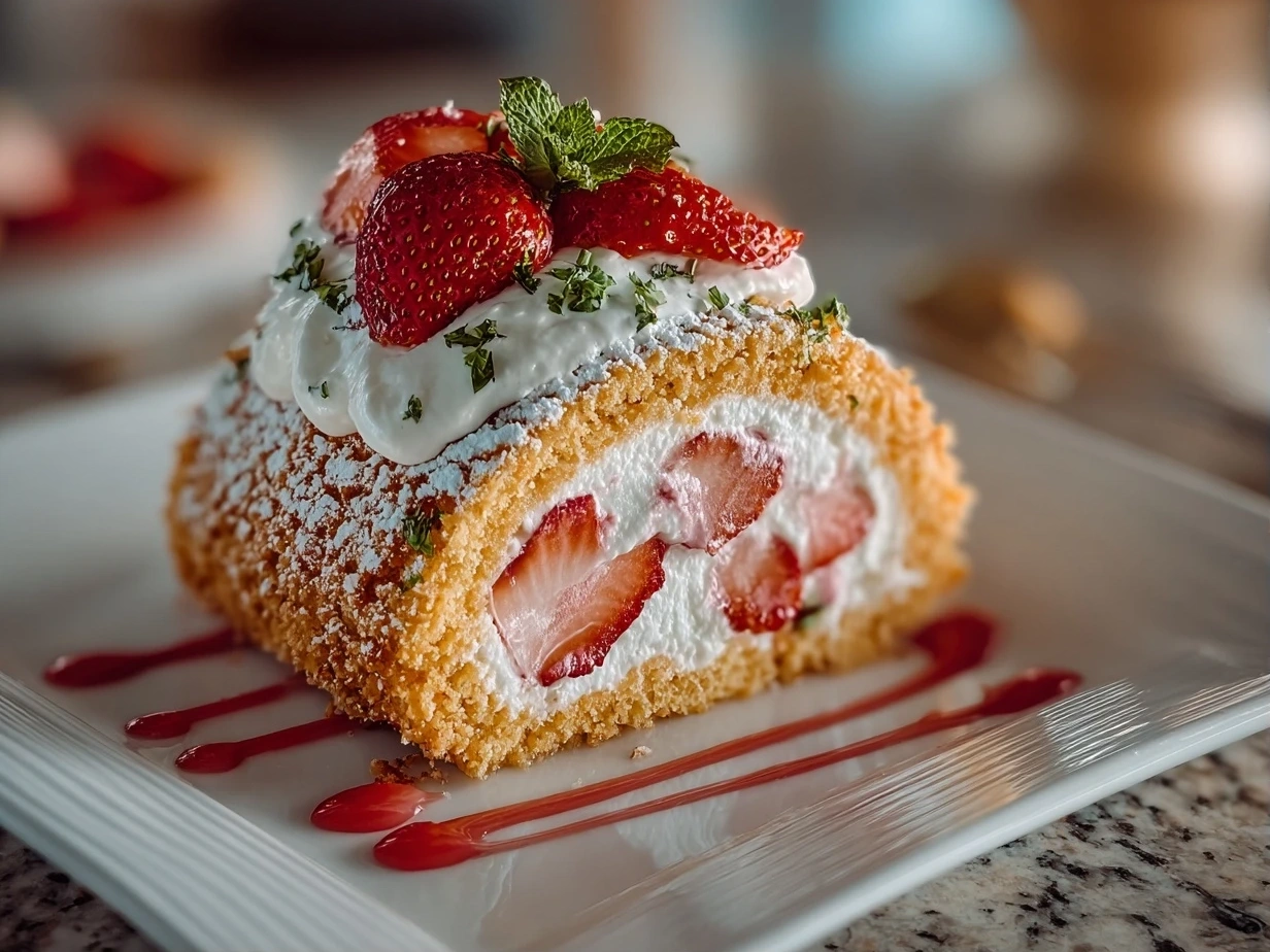 Fresh Strawberry Cream Cake Roll Close-Up