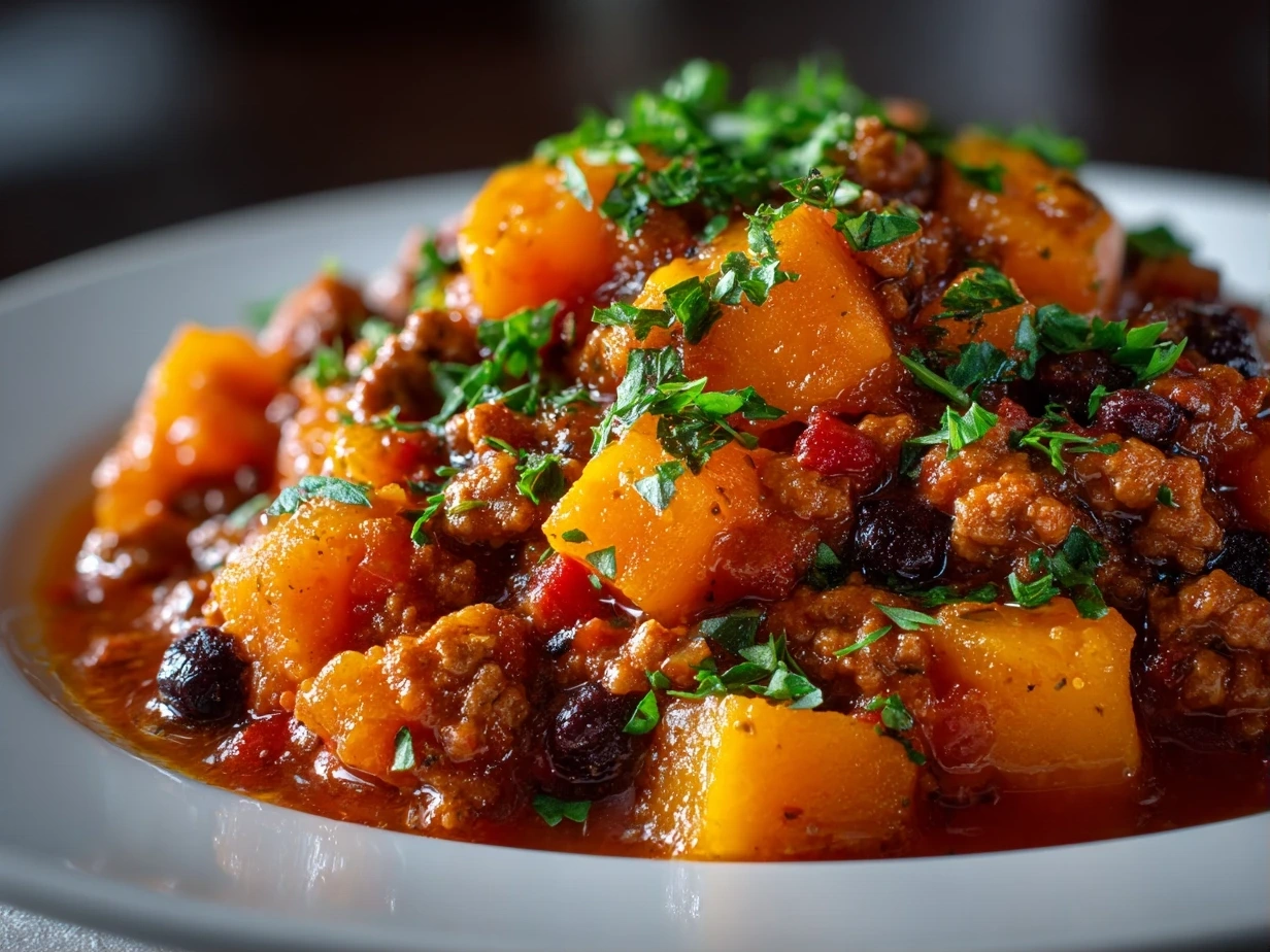 Freshly prepared Butternut Squash and Turkey Chili on white plate