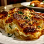 Freshly prepared creamy scalloped potatoes on white plate