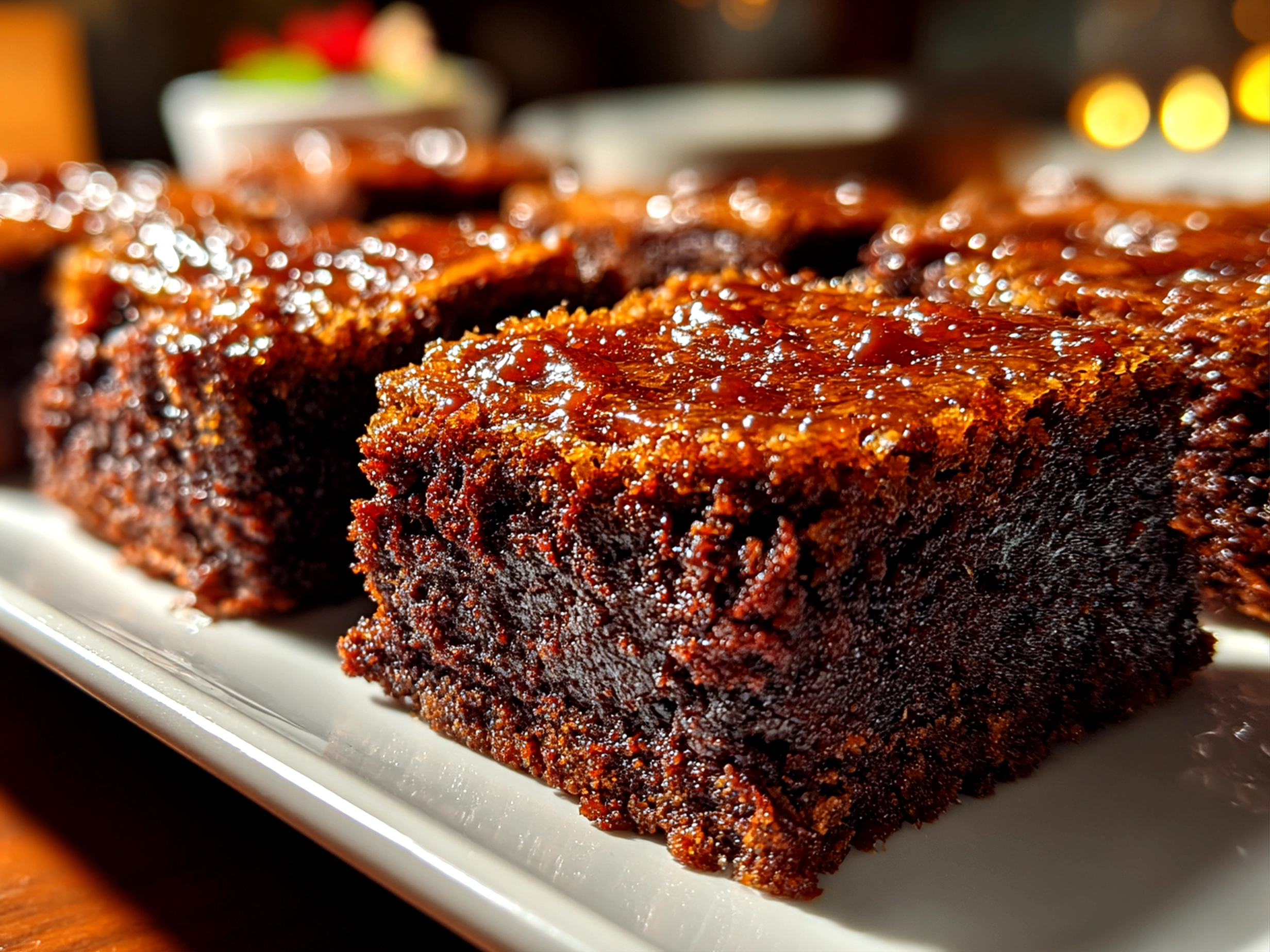Freshly prepared date brownies on a white plate