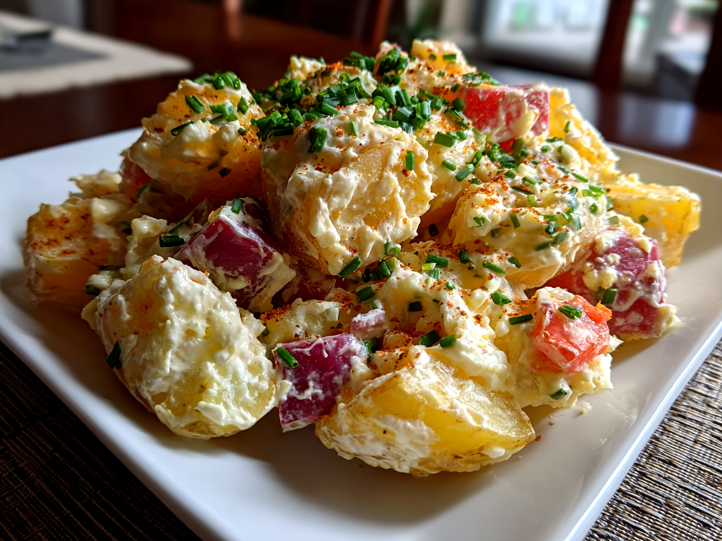 Freshly prepared Japanese Potato Salad on white plate