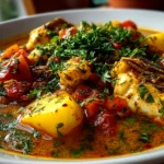 Freshly prepared Moqueca Fish Stew served in rustic bowl