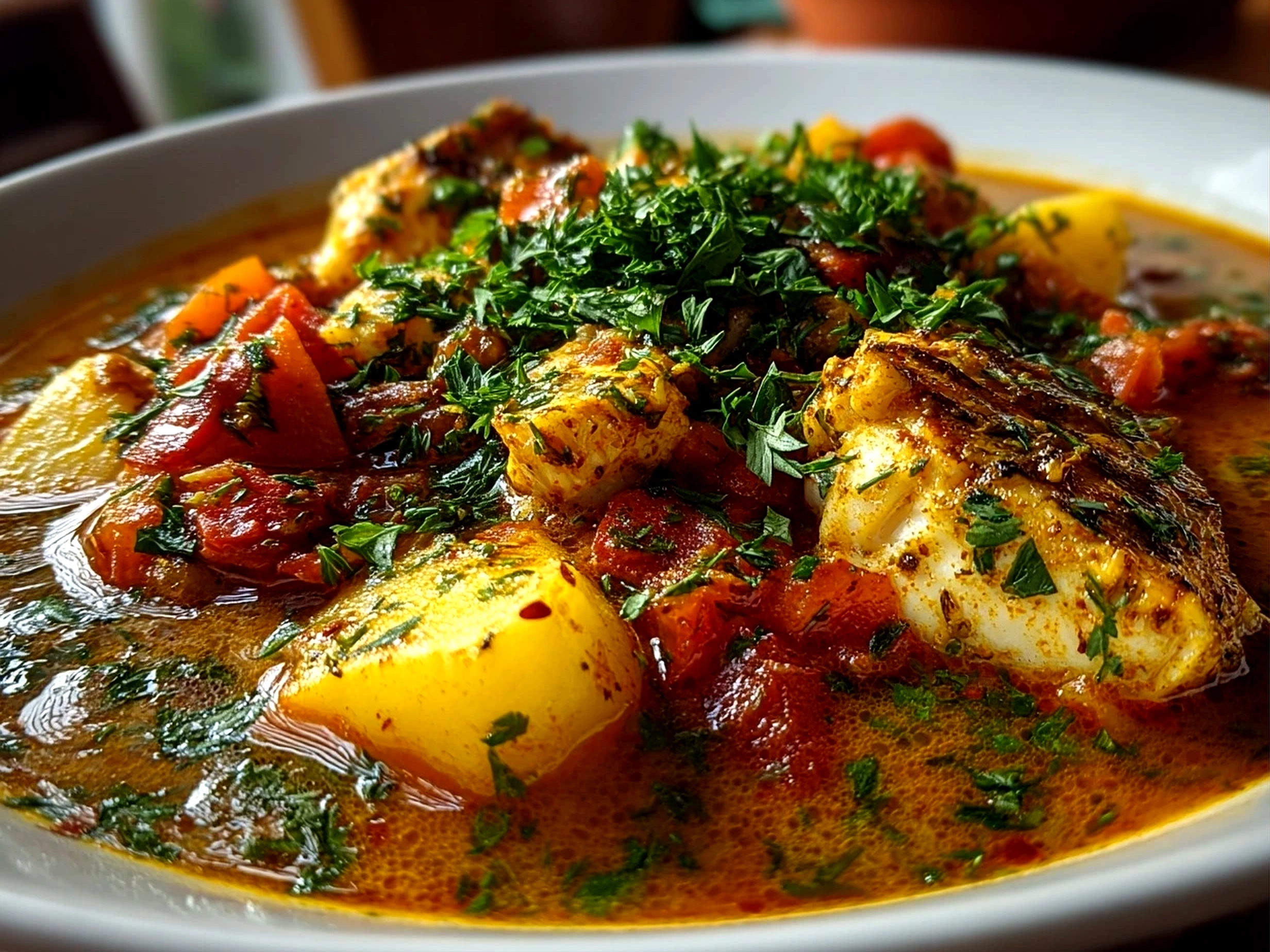 Freshly prepared Moqueca Fish Stew served in rustic bowl