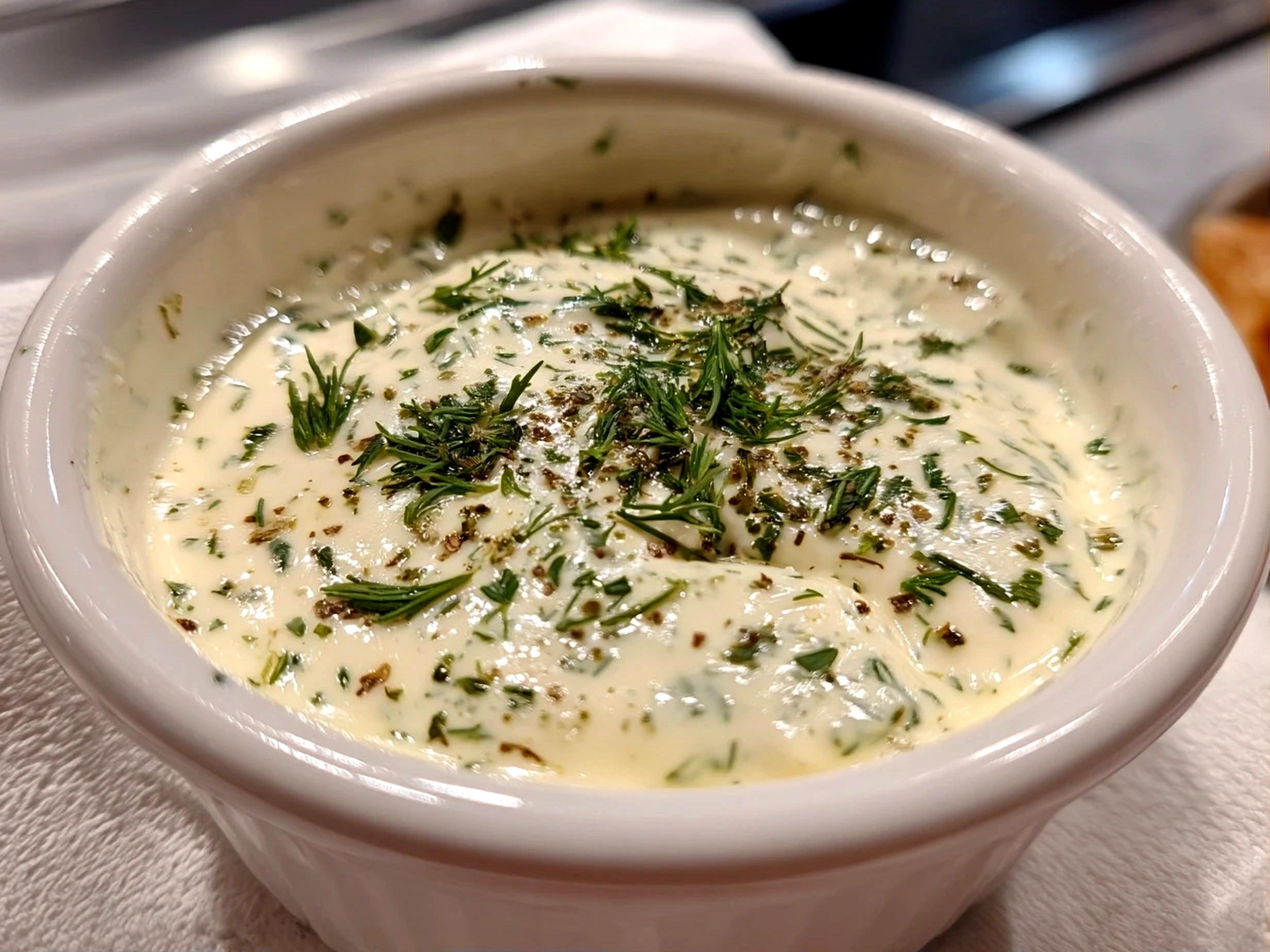 Freshly prepared ranch dressing in a white bowl
