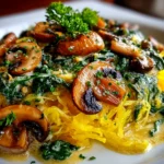 Freshly prepared Spaghetti Squash with Mushroom and Spinach Cream Sauce