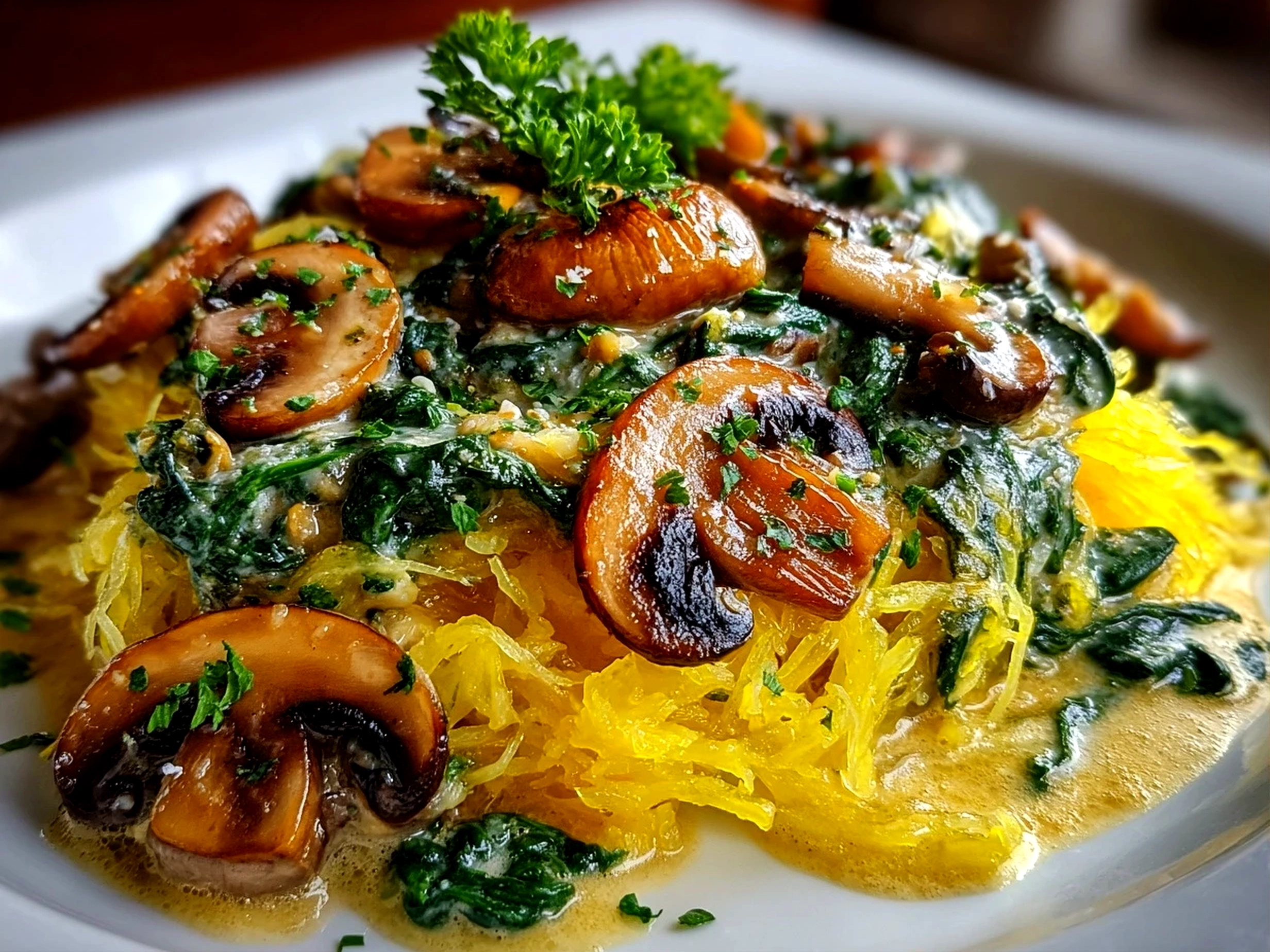Freshly prepared Spaghetti Squash with Mushroom and Spinach Cream Sauce