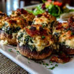 Freshly prepared stuffed mushrooms on white plate