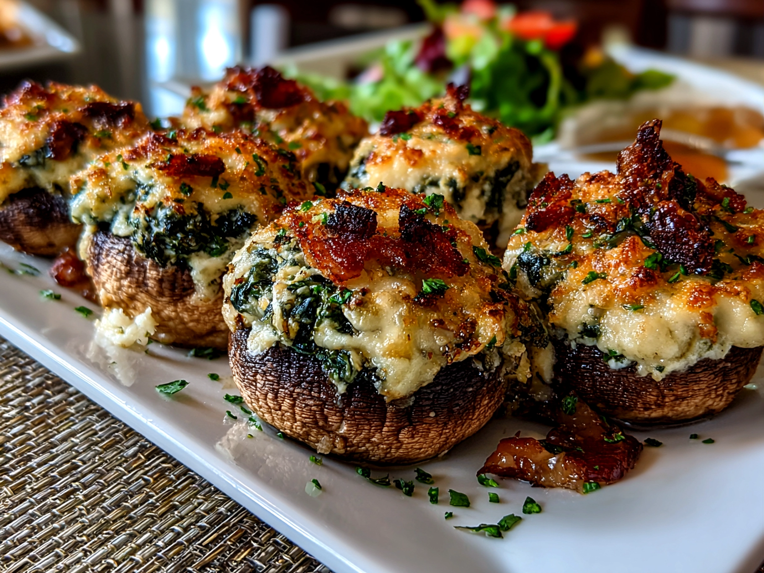 Freshly prepared stuffed mushrooms on white plate