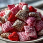 Freshly prepared Valentines Day Muddy Buddies on white plate
