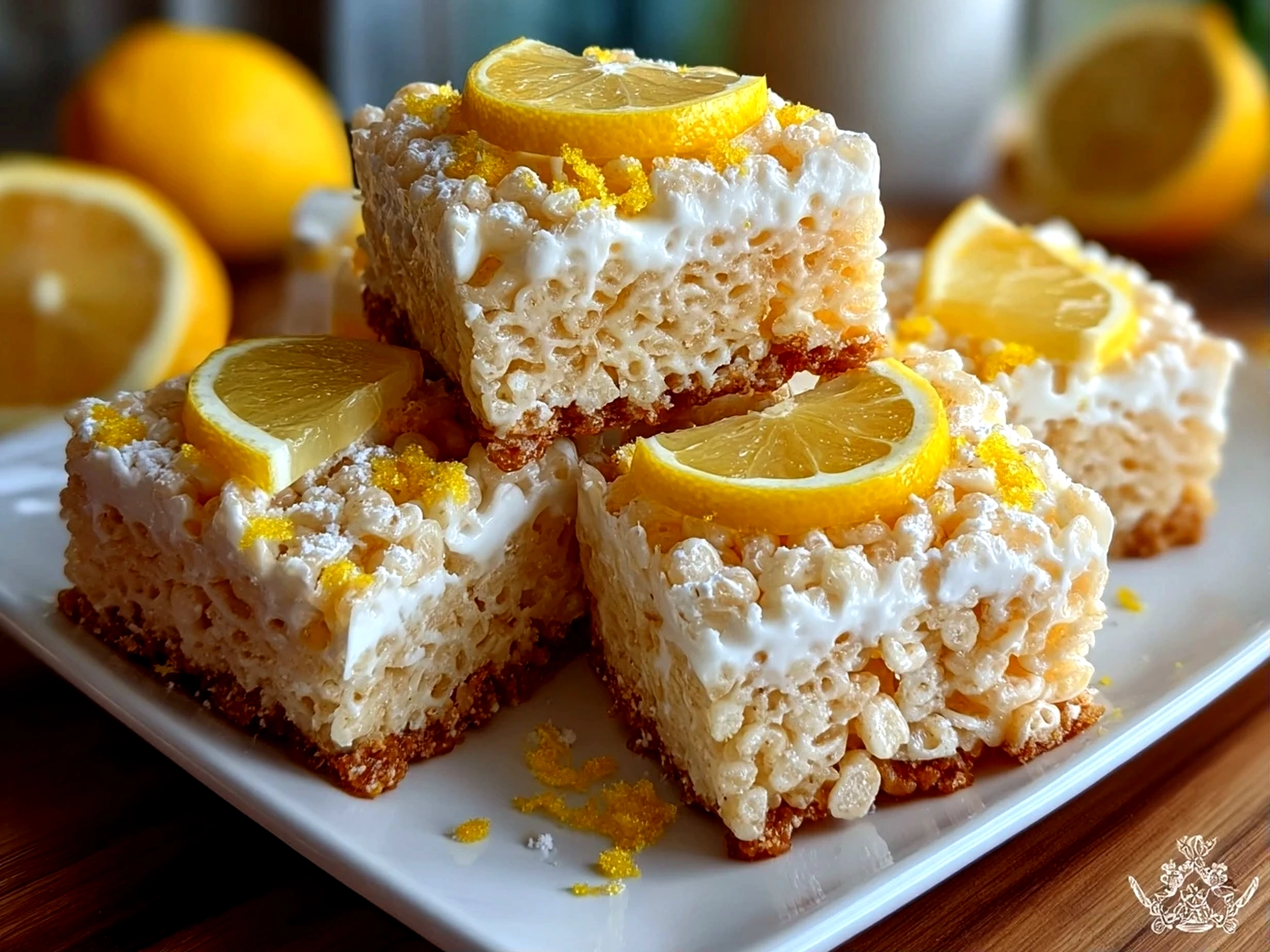 Freshly prepared Zesty Lemon Rice Krispie Treats on white plate