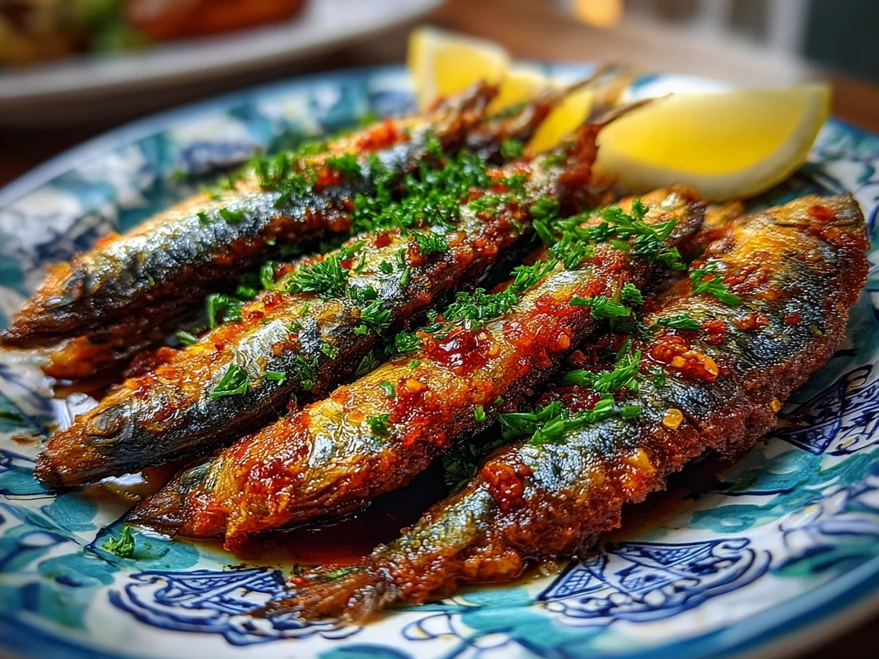 Golden crispy fried sardines served on a plate with lemon wedges and salad