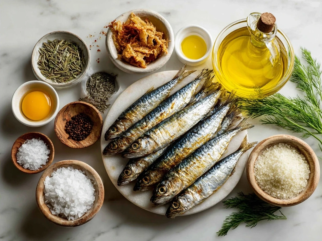 Ingredients for making fried sardines laid out on a kitchen counter