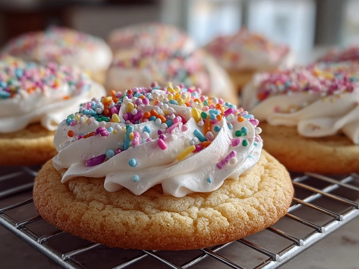 Freshly baked Frosted Lofthouse Cookies on a colorful platter