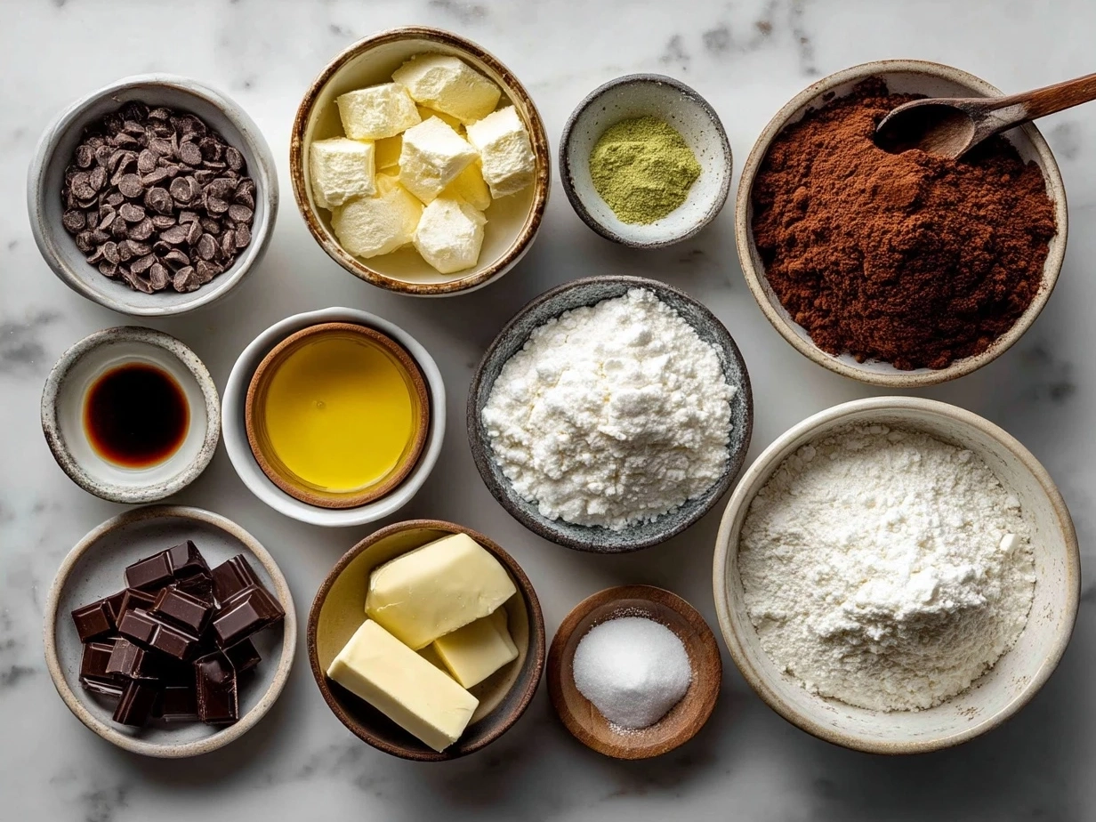 Ingredients for fudgy Grasshopper Cookies including cocoa powder, flour, coconut sugar, and peppermint extract