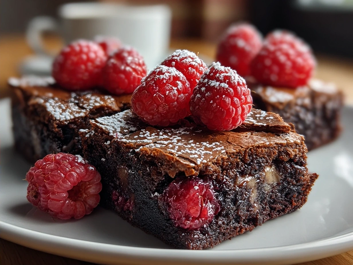 Fudgy Raspberry Swirl Brownies with Fresh Berries, beautifully plated and garnished with fresh raspberries