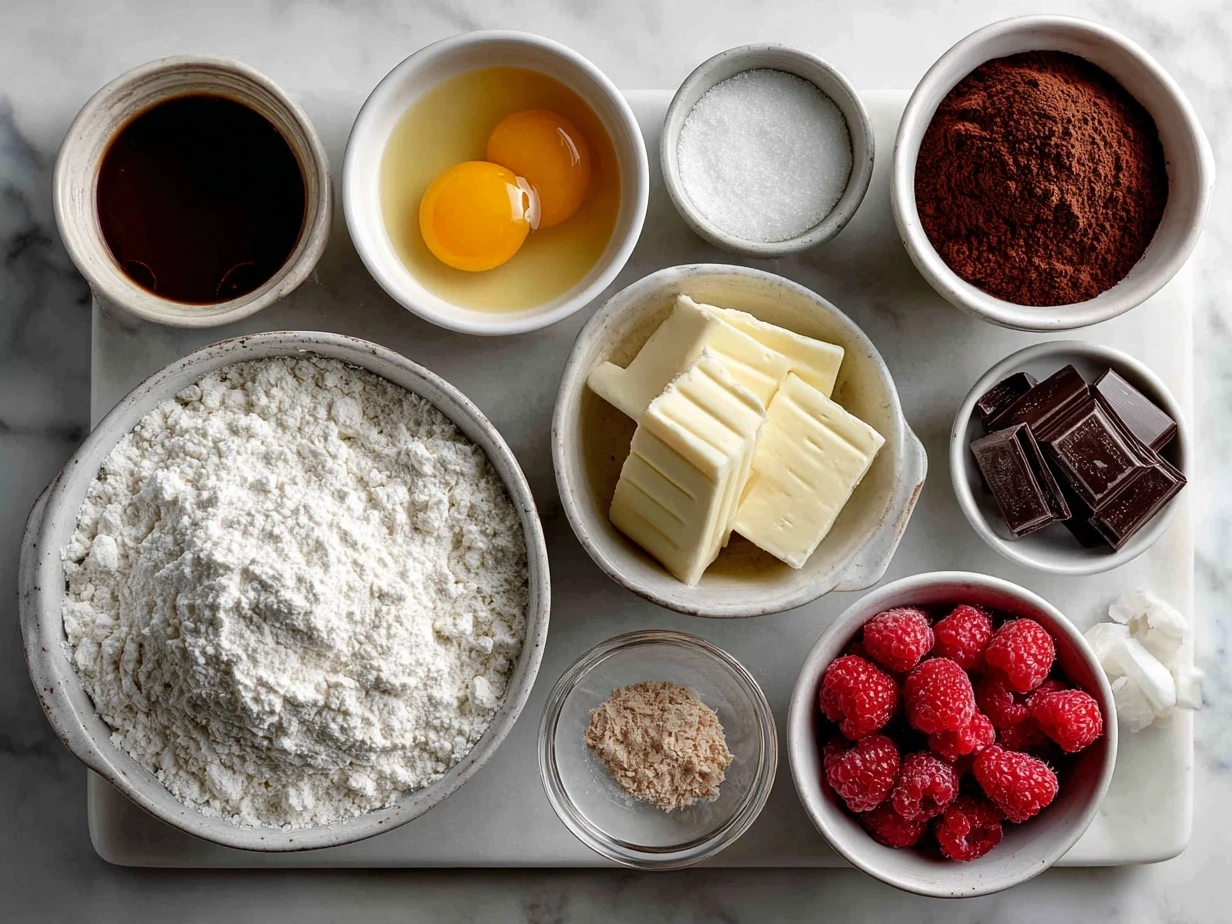 Ingredients for Fudgy Raspberry Swirl Brownies with Fresh Berries