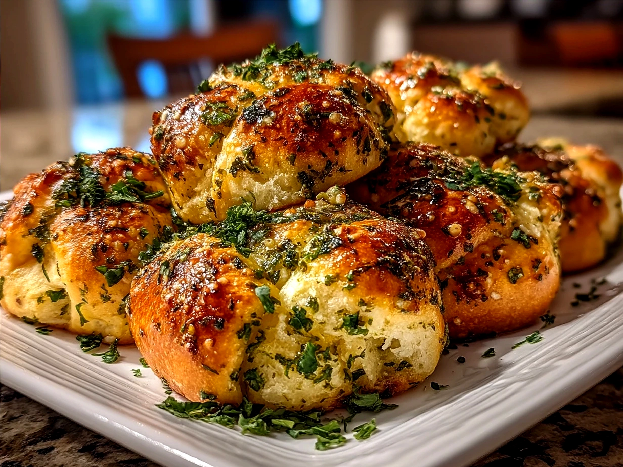 Freshly baked garlic knots on a serving plate ready to eat