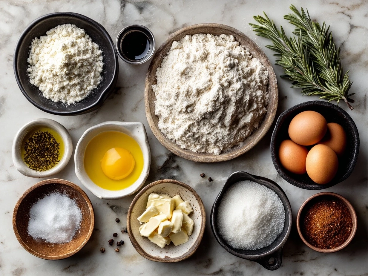 Ingredients for homemade garlic knots including flour, garlic, parsley, butter, and cheese