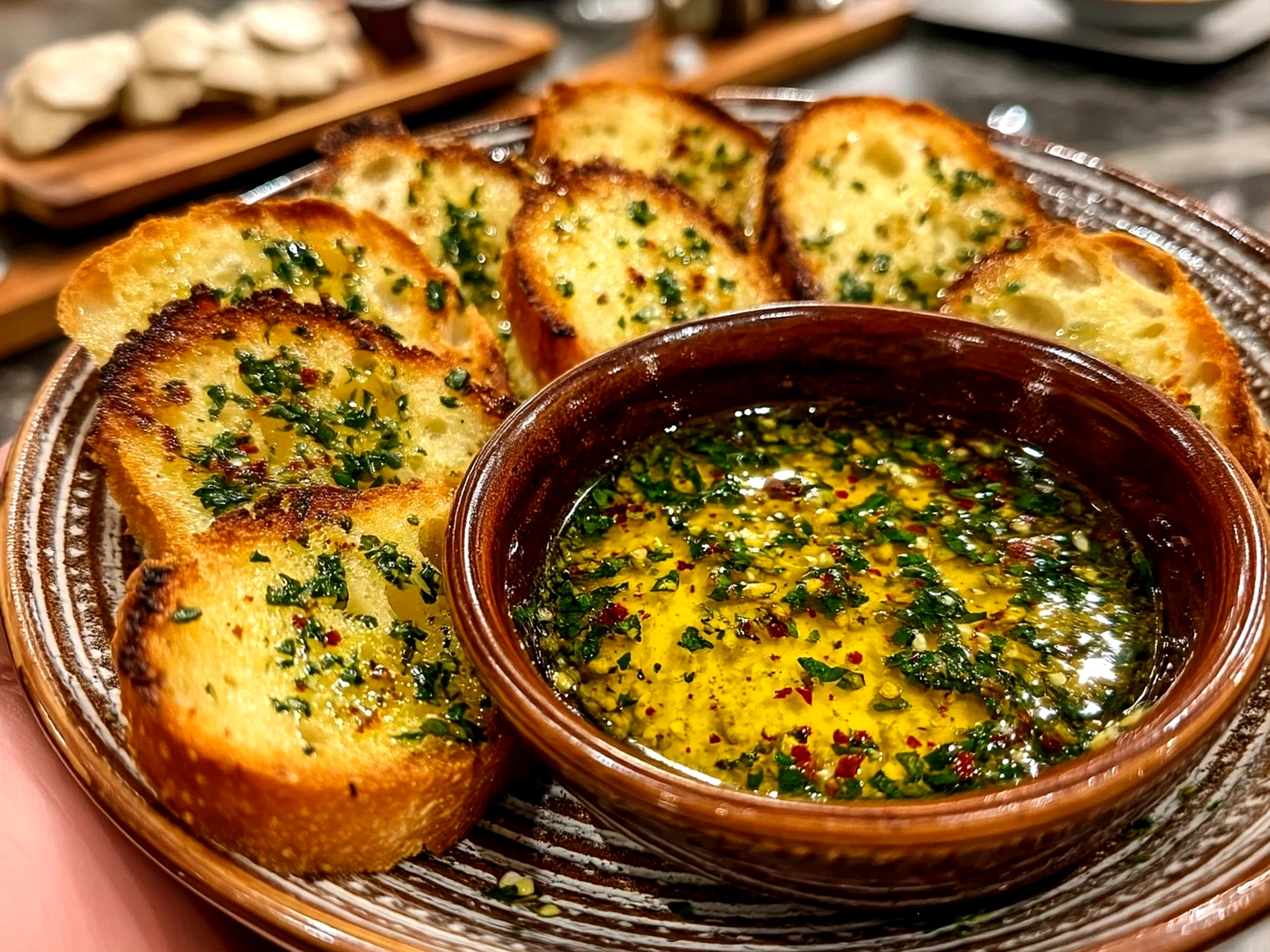Garlic Olive Oil Dip served with rustic bread and fresh herbs on a wooden table