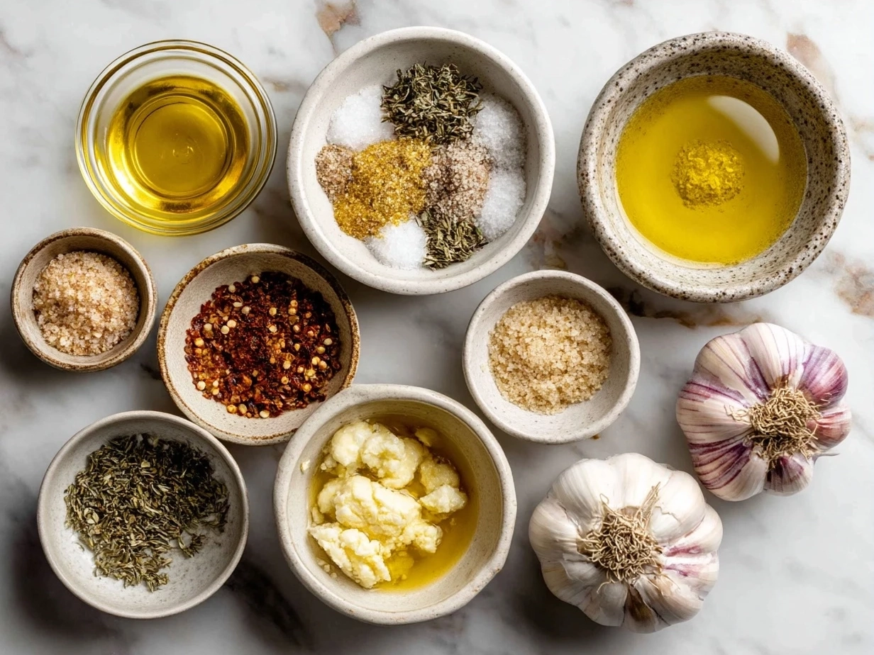 Ingredients laid out for Garlic Olive Oil Dip including olive oil, garlic, herbs, and spices