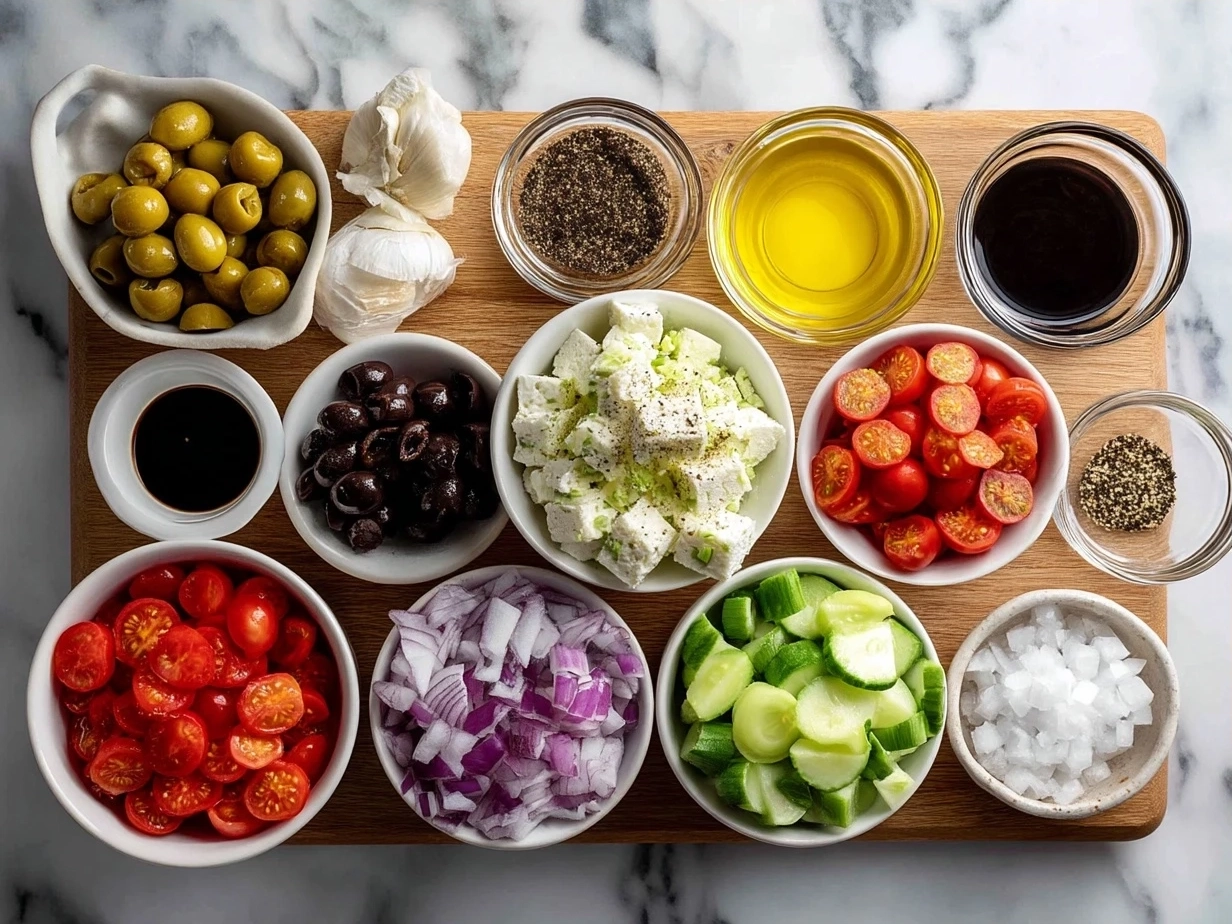 Ingredients for Georgia cracker salad including lettuce, cherry tomatoes, cucumbers, red onion, eggs, cheddar cheese, mayonnaise, vinegar, sugar, and saltine crackers