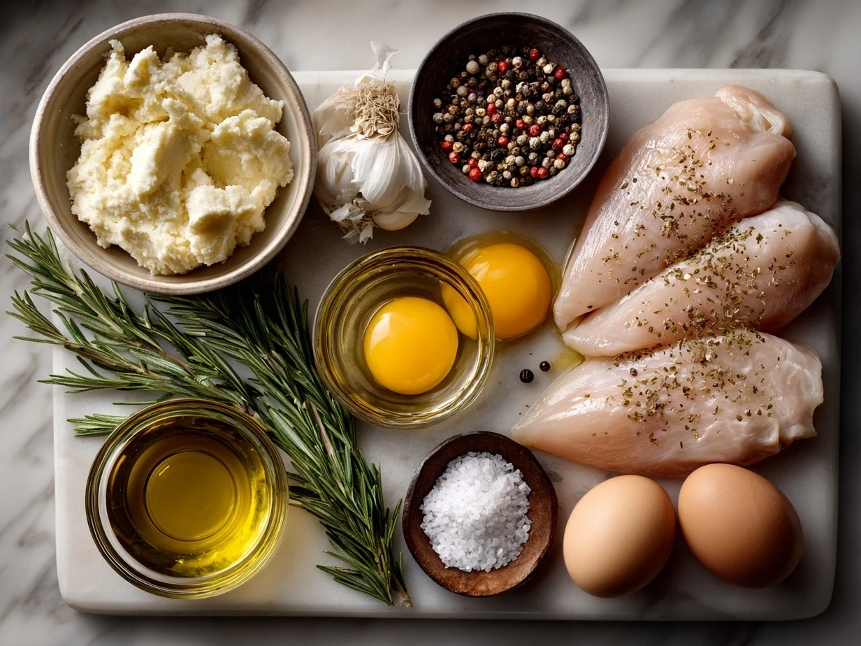 Ingredients for gluten free chicken tenders laid out on a kitchen counter