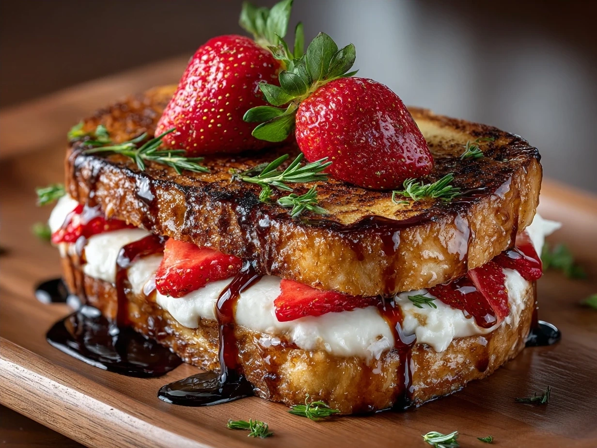 Gourmet Mascarpone Strawberry Grilled Cheese with Balsamic Glaze served with carrot sticks and almonds