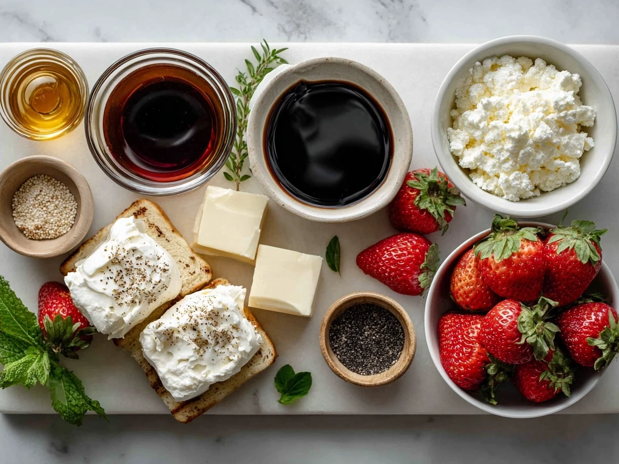 Ingredients for Gourmet Mascarpone Strawberry Grilled Cheese with Balsamic Glaze including bread, mascarpone cheese, strawberries, and balsamic glaze