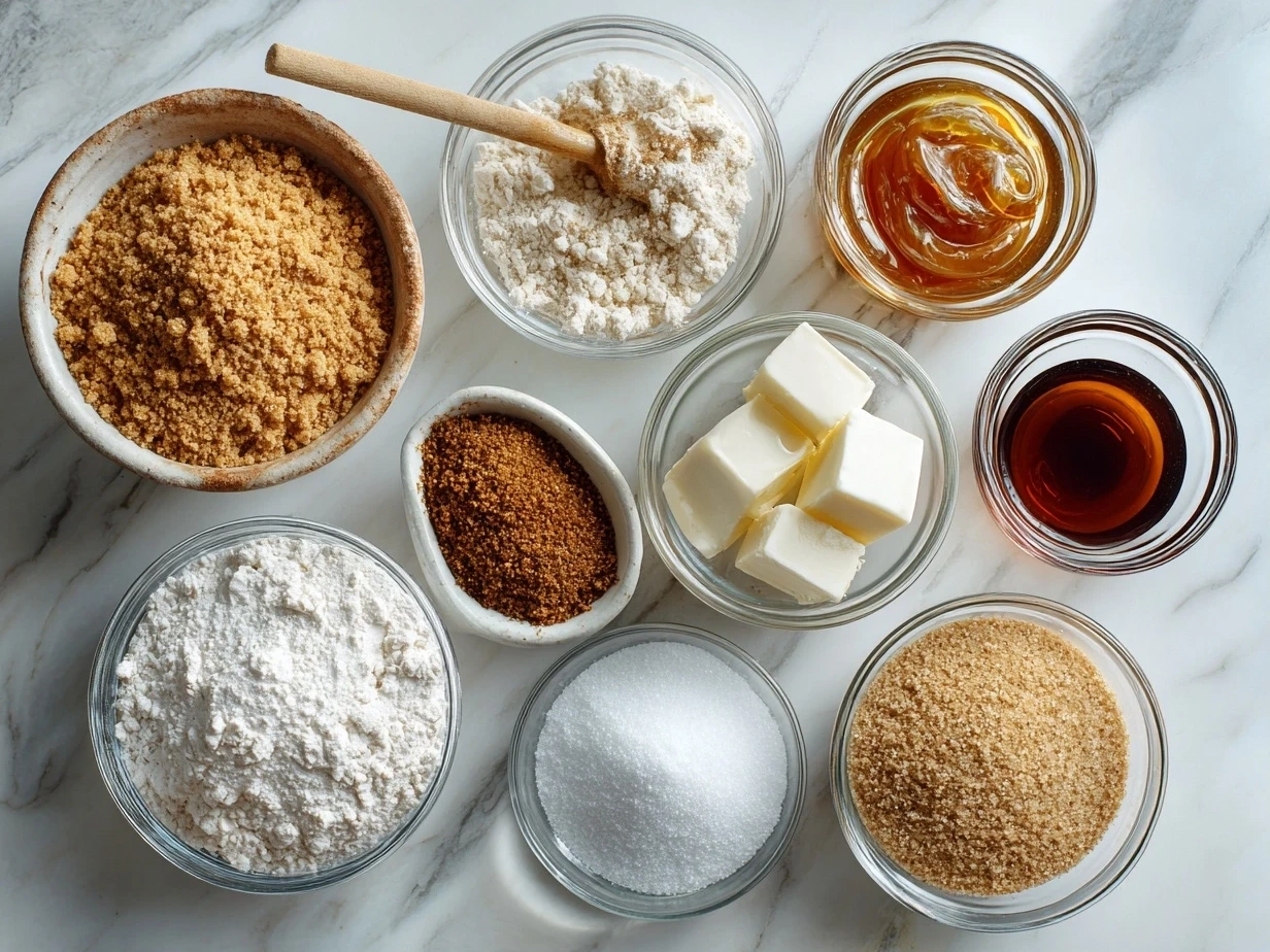 Ingredients for homemade graham crackers: whole wheat flour, all-purpose flour, baking soda, baking powder, salt, butter, brown sugar, honey, cinnamon, milk, and vanilla extract.