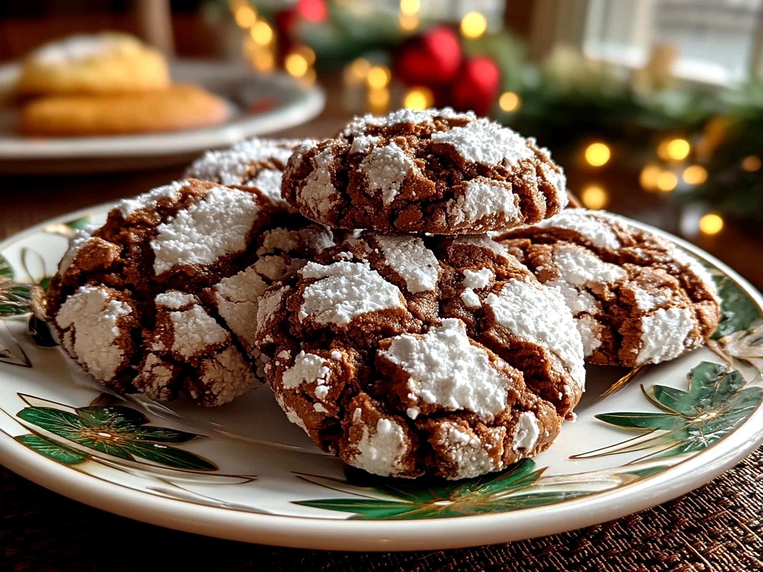 Freshly baked Grinch Crinkle Cookies served on a festive plate