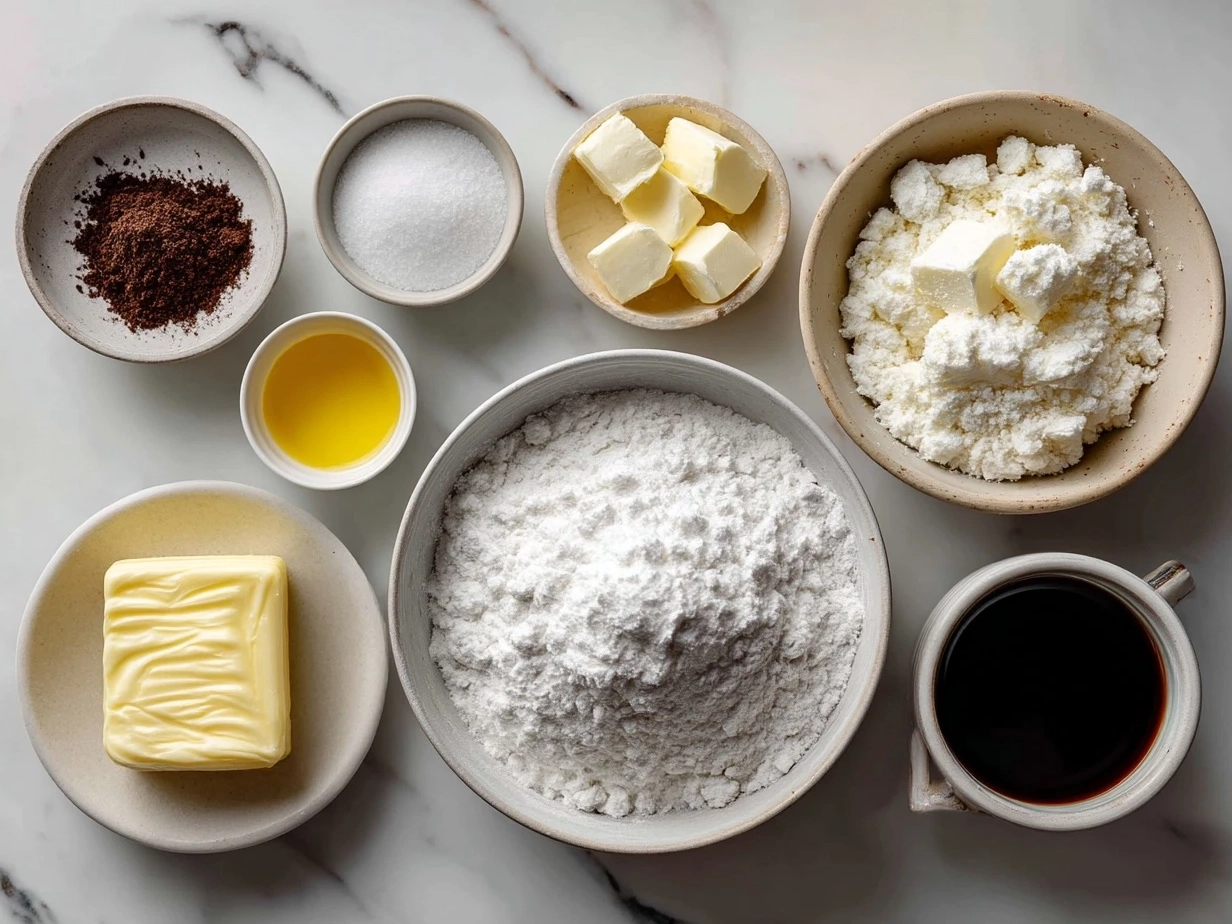 Ingredients for Grinch Crinkle Cookies including flour, almond flour, spinach powder, and powdered sugar