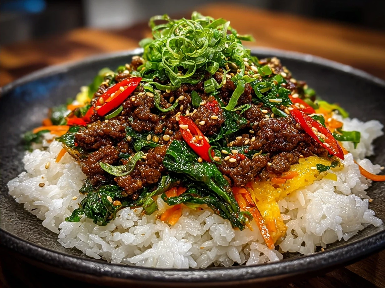 Ground Beef Bulgogi served with rice and fresh sides on dinner table