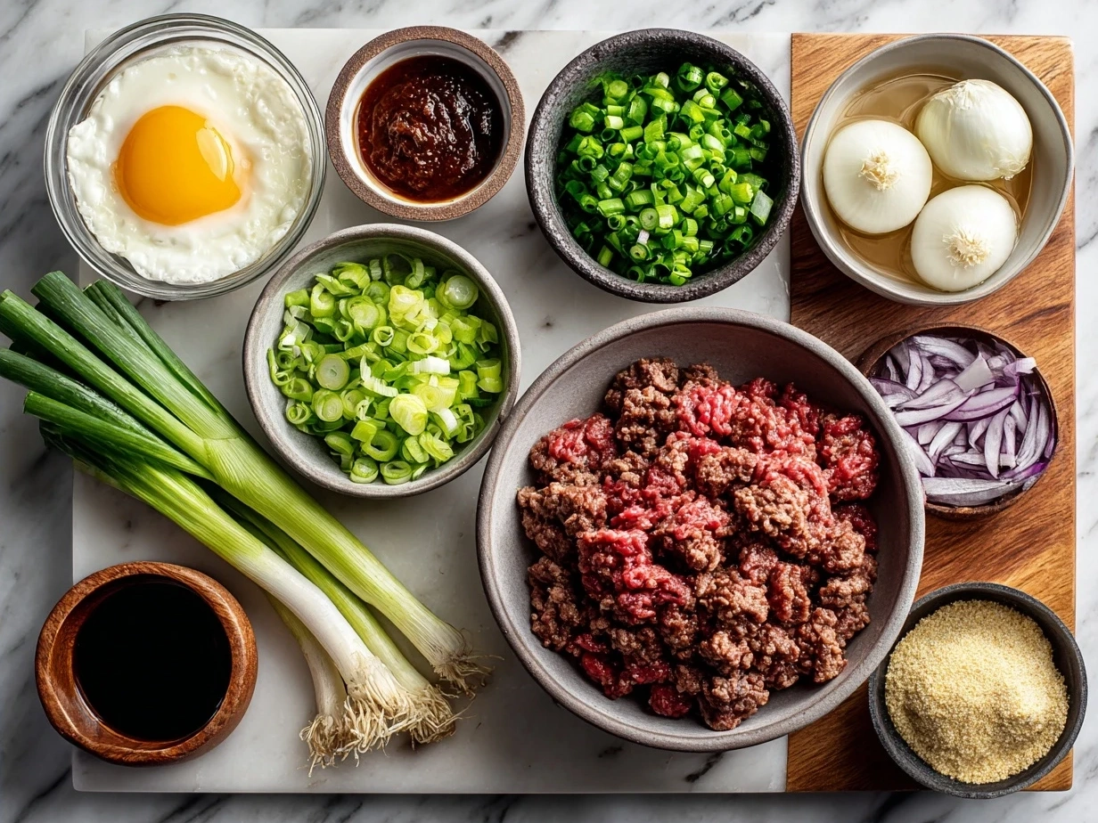 Ingredients for Ground Beef Bulgogi laid out on a kitchen counter