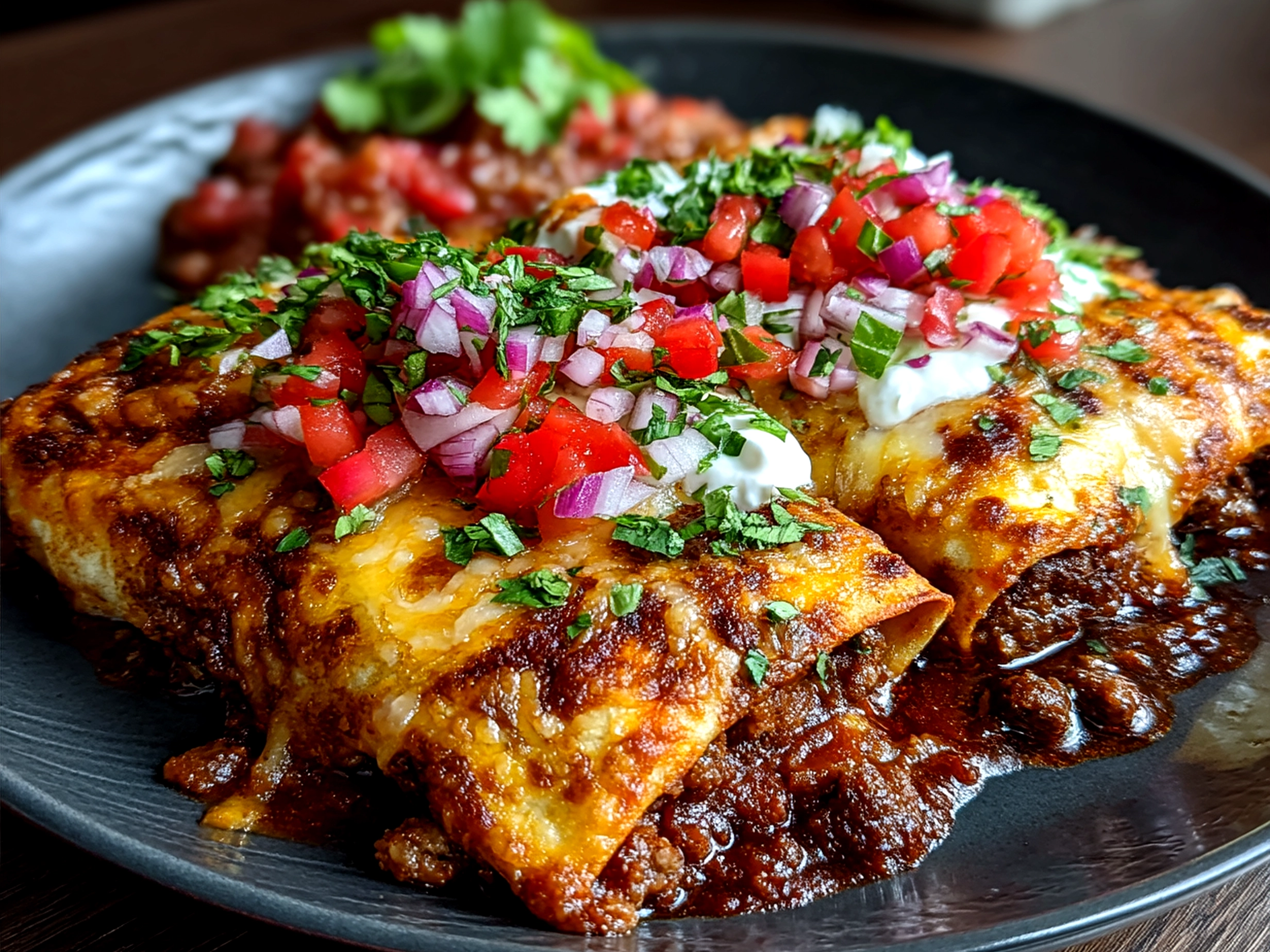 Plate of cheesy ground beef enchiladas served with roasted vegetables