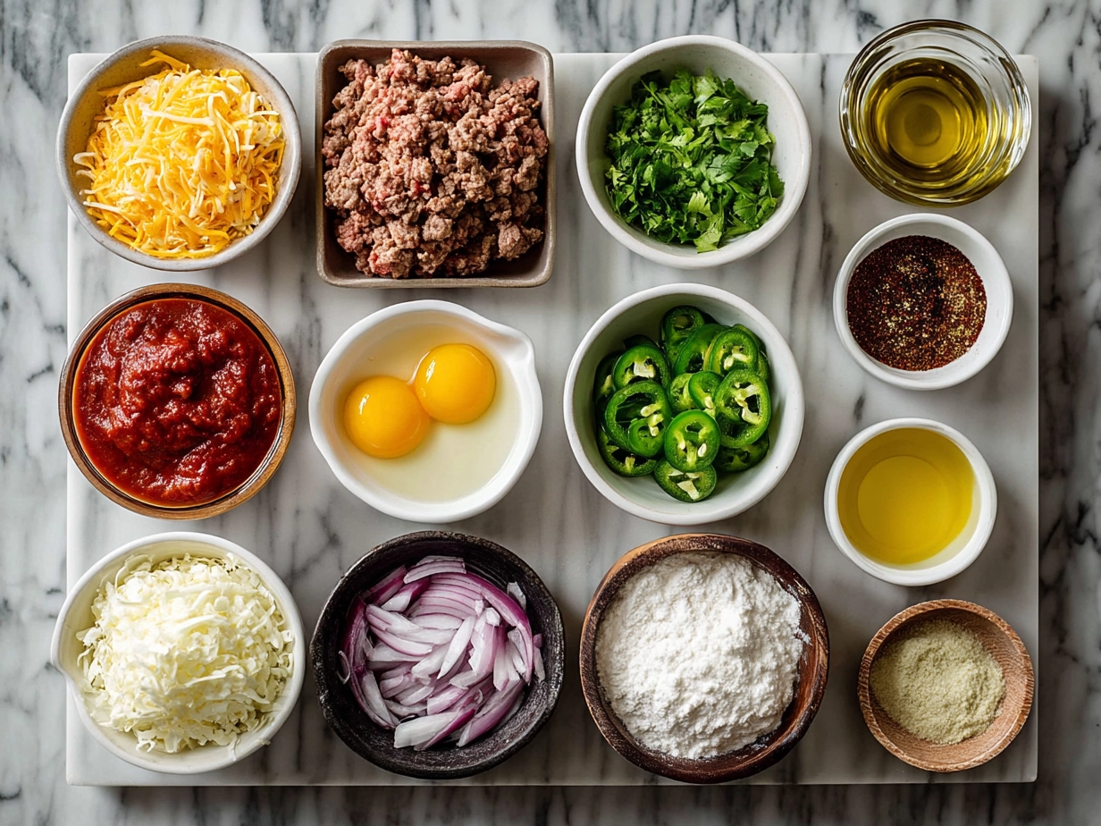 Ingredients for Ground Beef Enchiladas including beef, tortillas, cheese, onions, garlic, and enchilada sauce