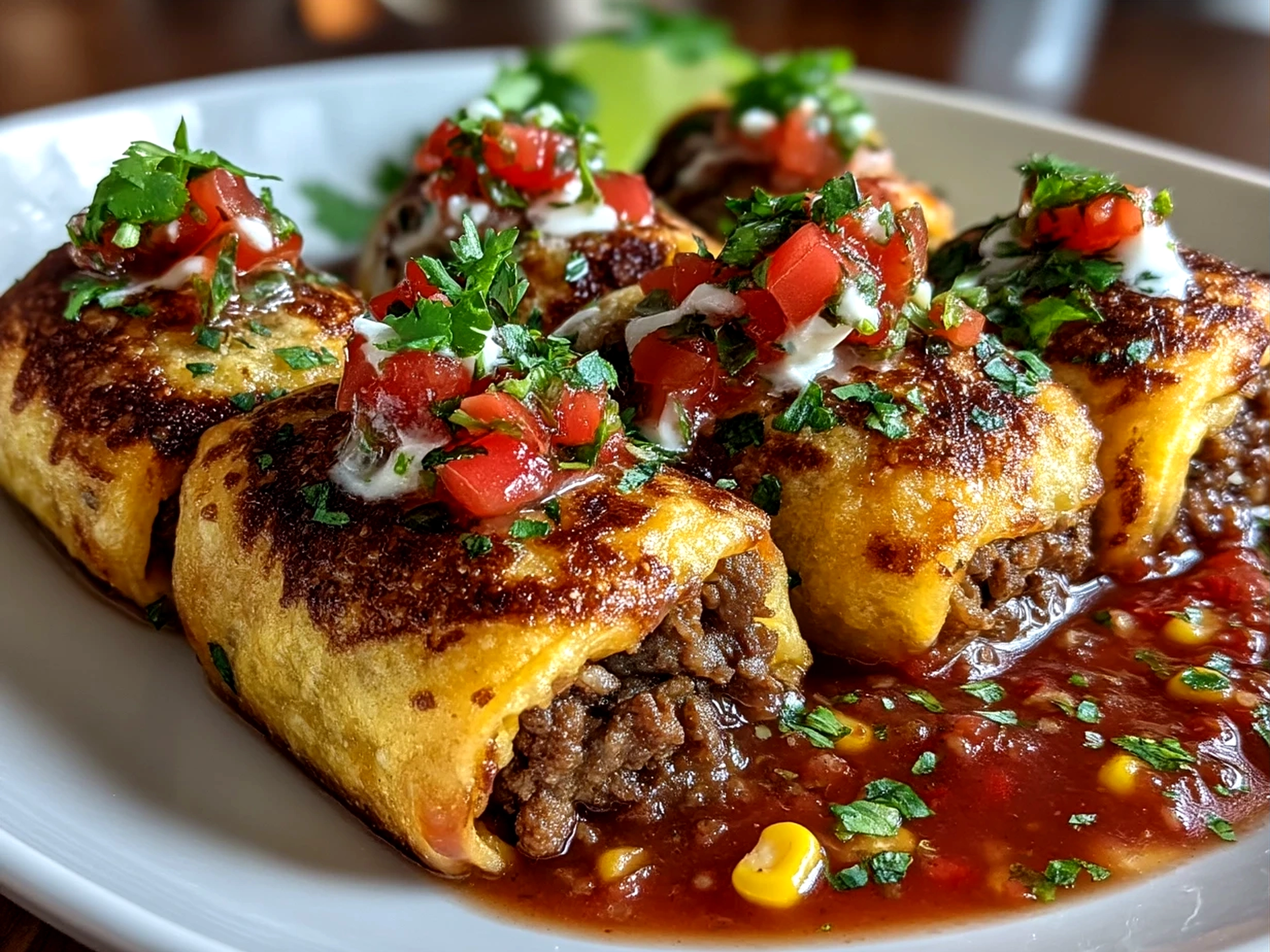 Served Ground Beef Salsa Corn Roll Ups with fresh veggies and guacamole
