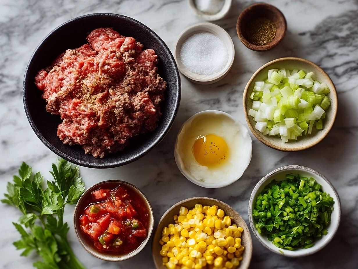 Ingredients for Ground Beef Salsa Corn Roll Ups including ground beef, salsa, corn tortillas, cheese, onions, and bell peppers