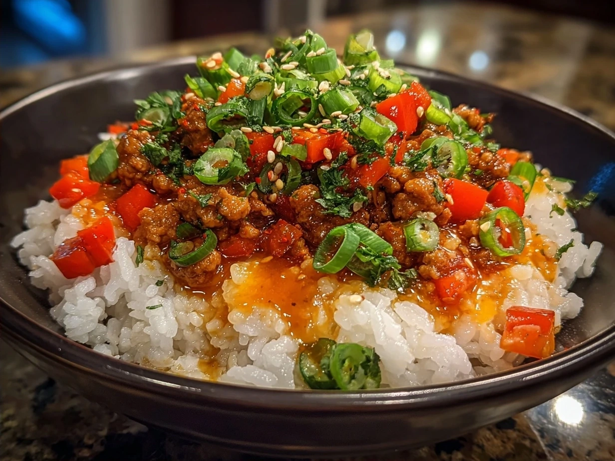 Final plated Ground Turkey Teriyaki Rice Bowl served with vegetables and garnishes, ready to eat