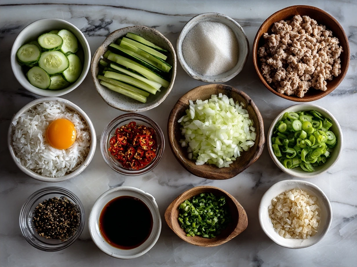 Ingredients laid out for making Ground Turkey Teriyaki Rice Bowl, including ground turkey, rice, broccoli, carrots, and teriyaki sauce components