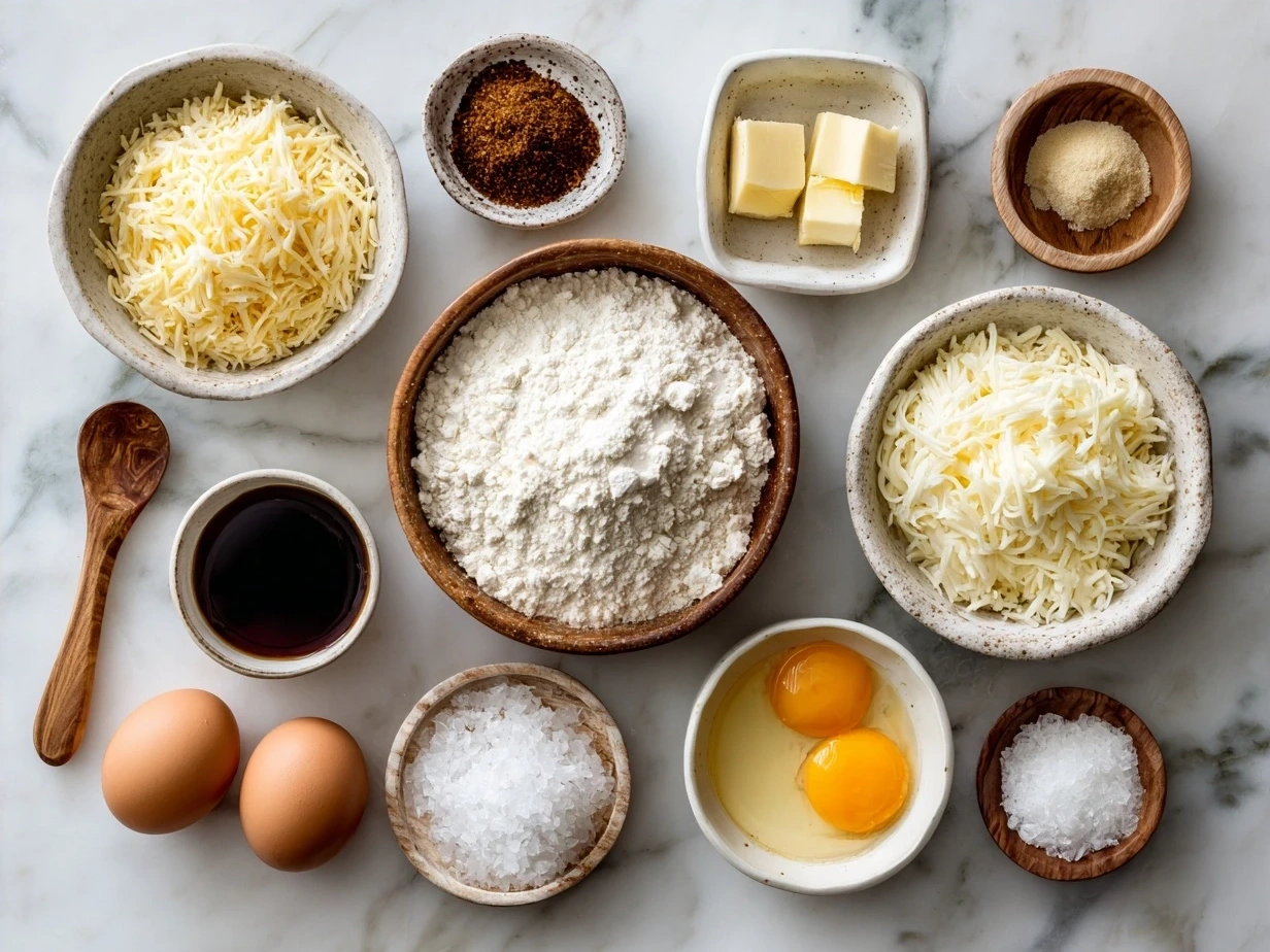 Ingredients for Hashbrown Breakfast Casserole laid out including eggs, cheese, veggies, and cooked sausage