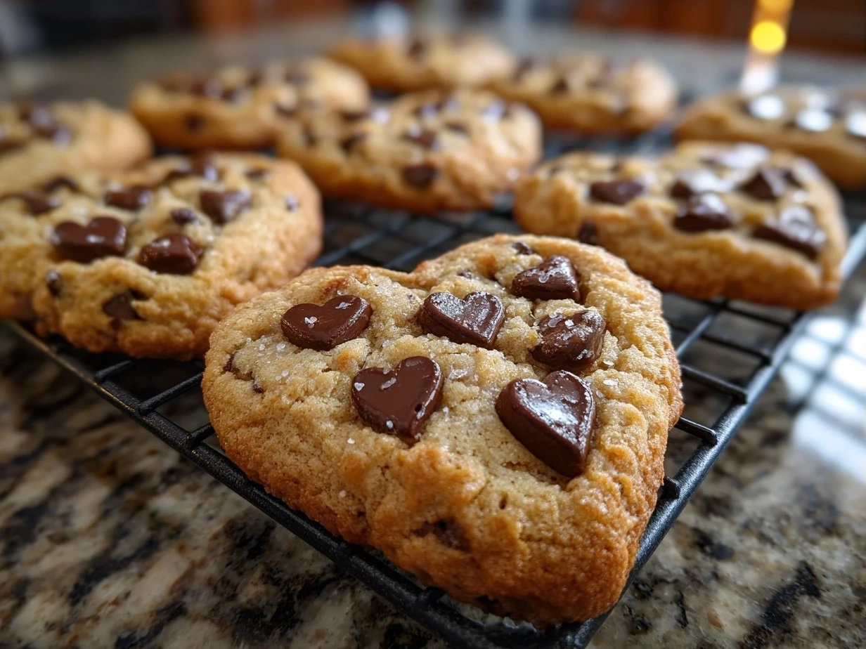 Freshly baked Heart-Shaped Chocolate Chip Cookies ready to enjoy